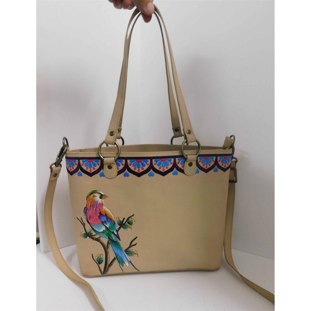 Anuschka Hand Painted Embroidered Tan Leather Parrot Large Tote Shoulder Bag